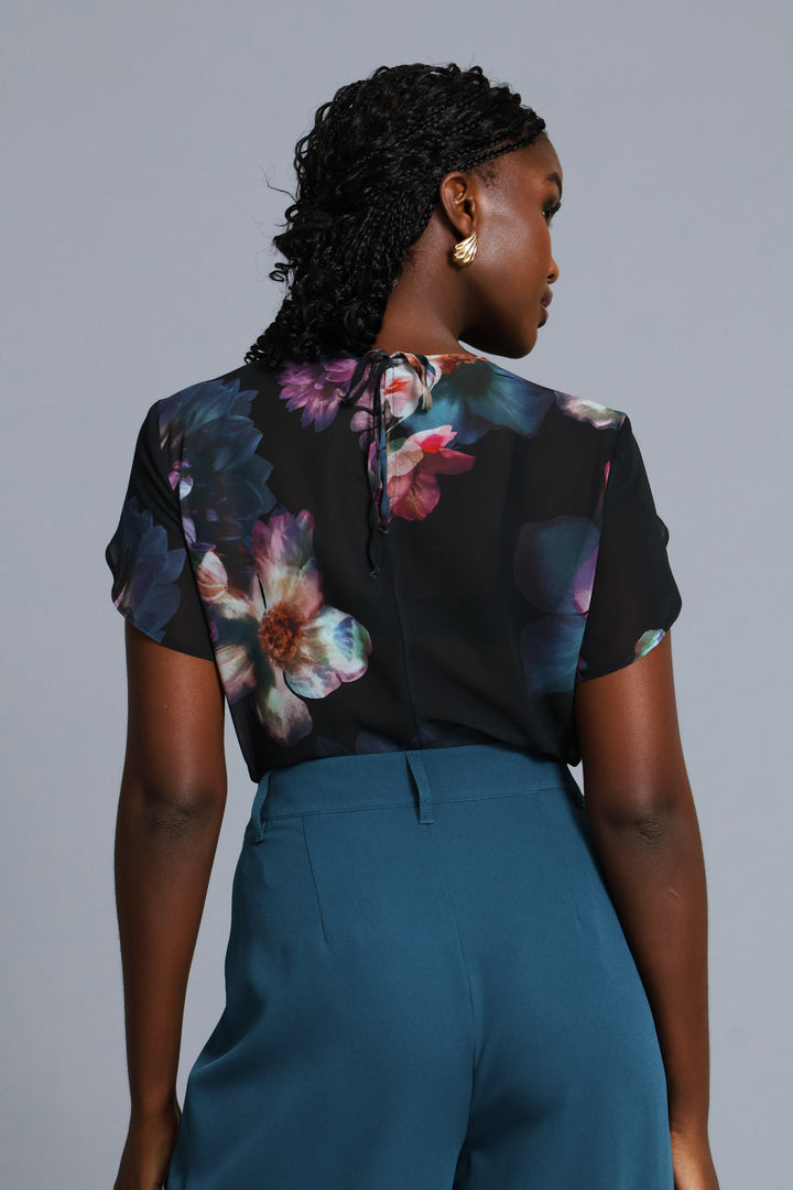 Floral Flutter Sleeve Blouse - Black