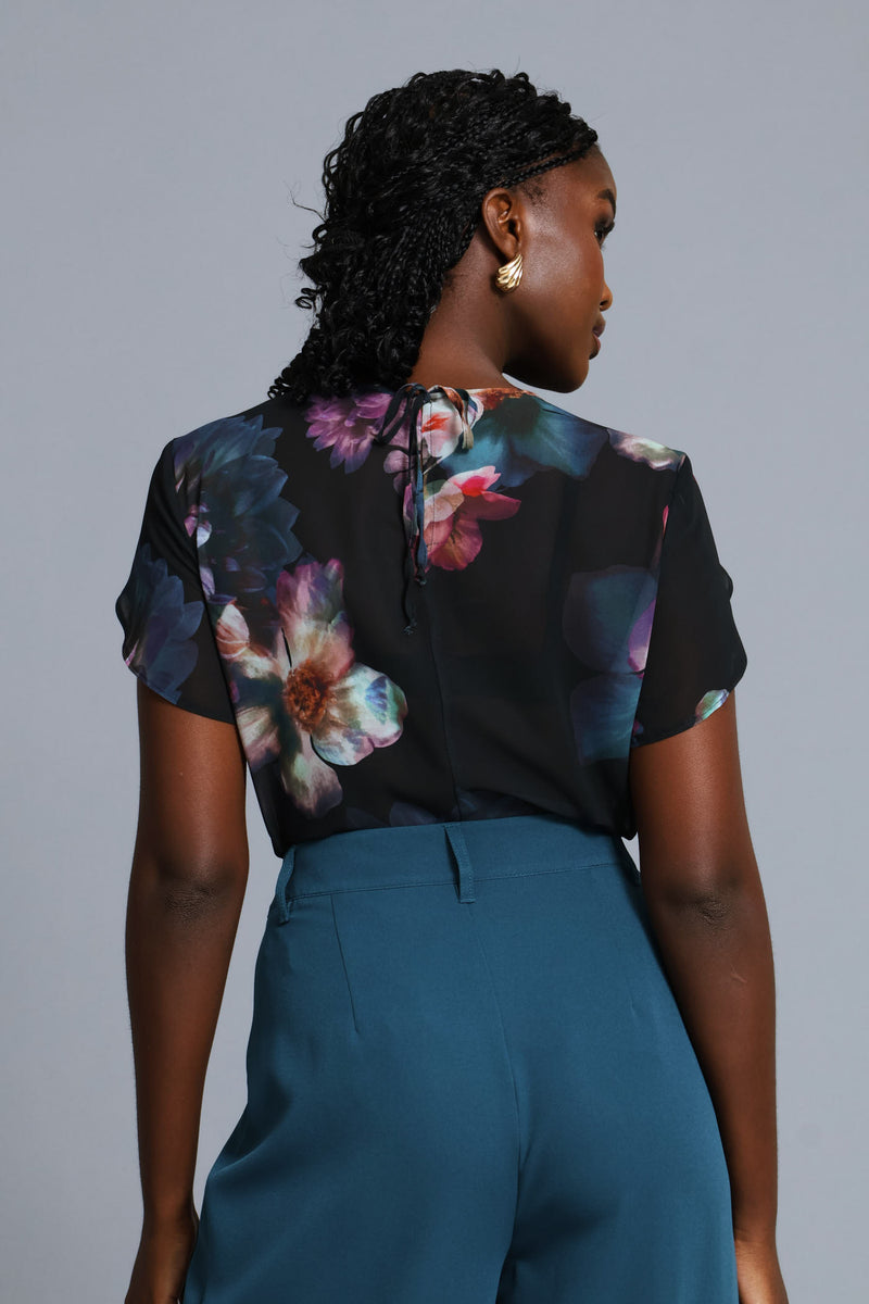 Floral Flutter Sleeve Blouse - Black