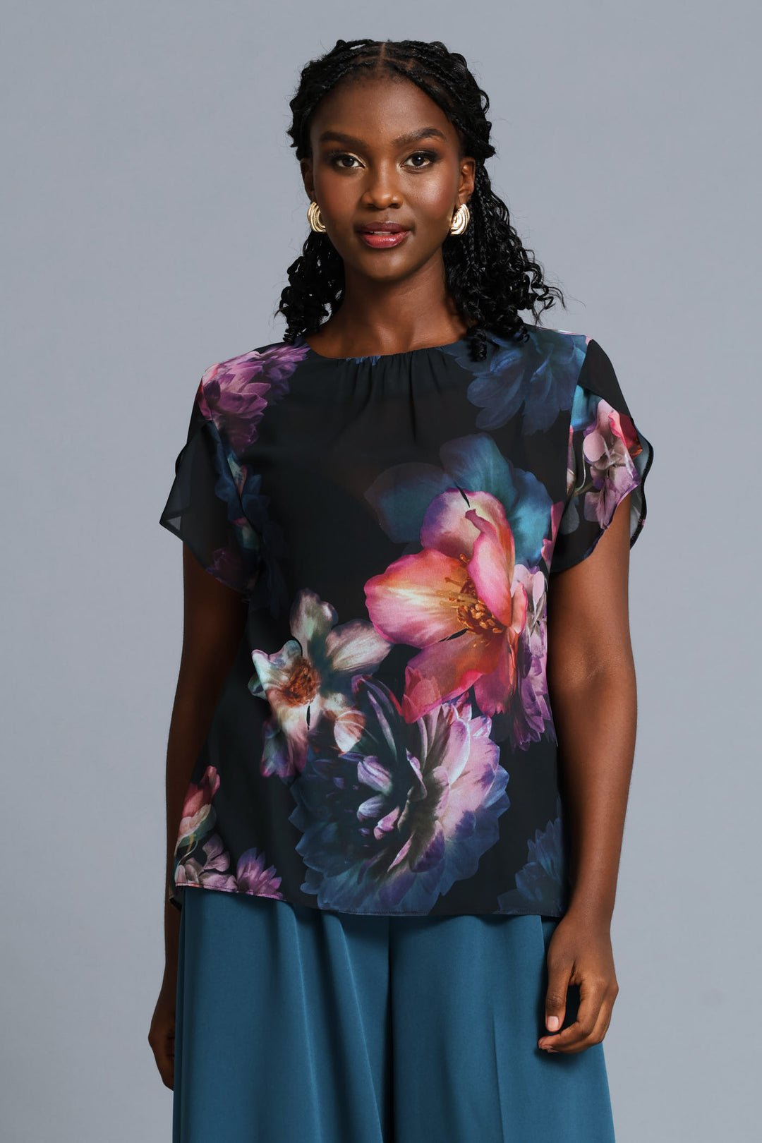 Floral Flutter Sleeve Blouse - Black
