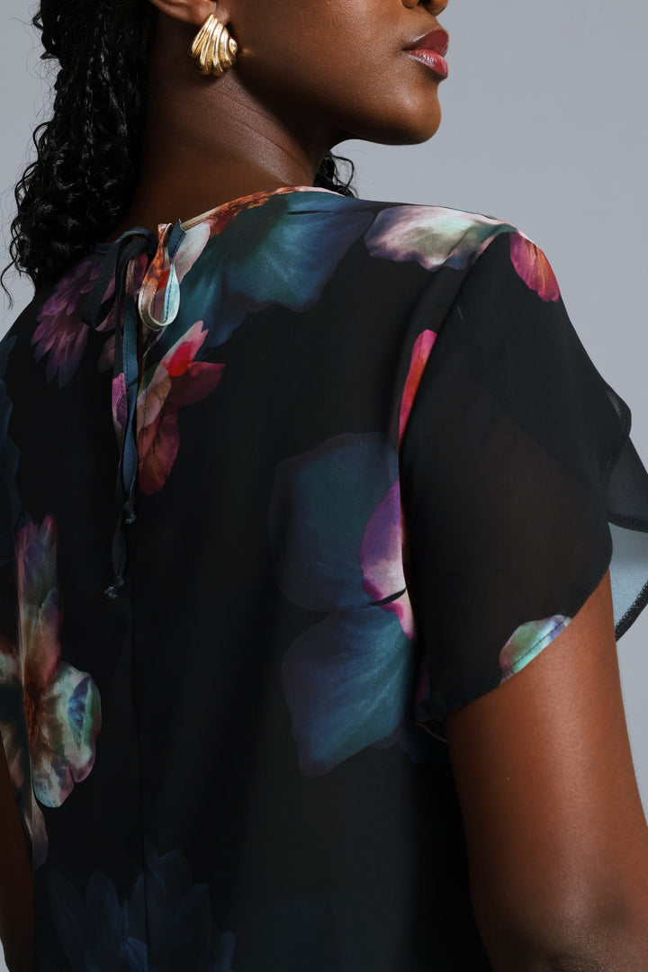 Floral Flutter Sleeve Blouse - Black