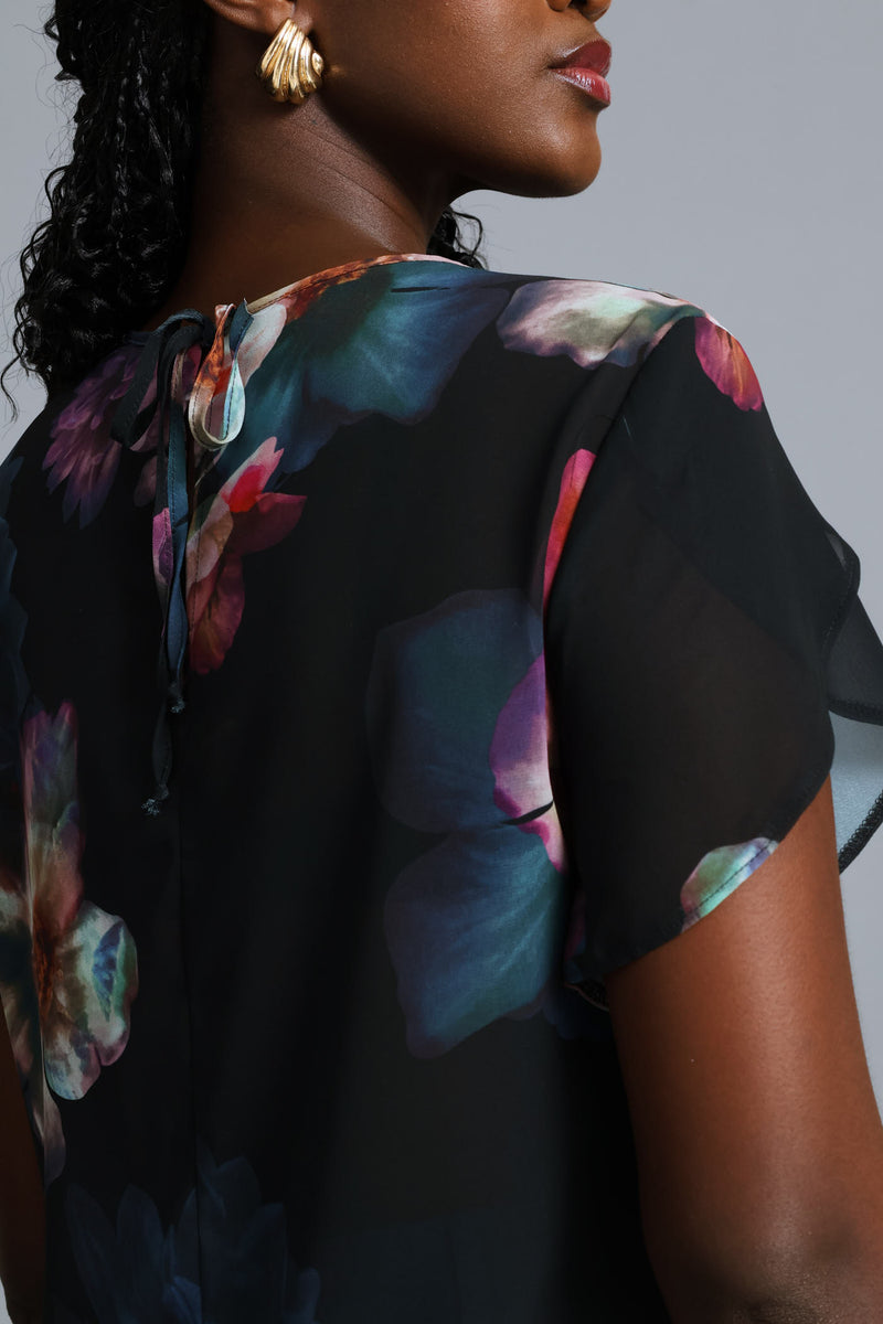 Floral Flutter Sleeve Blouse - Black