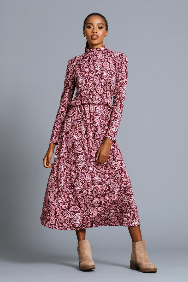 Panelled Fit & Flare Print Maxi Skirt - Plum