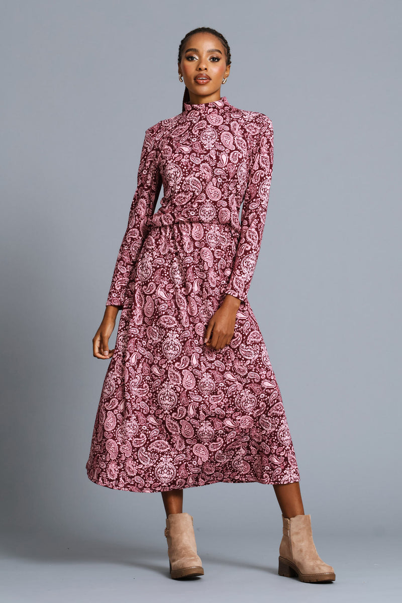 Panelled Fit & Flare Print Maxi Skirt - Plum