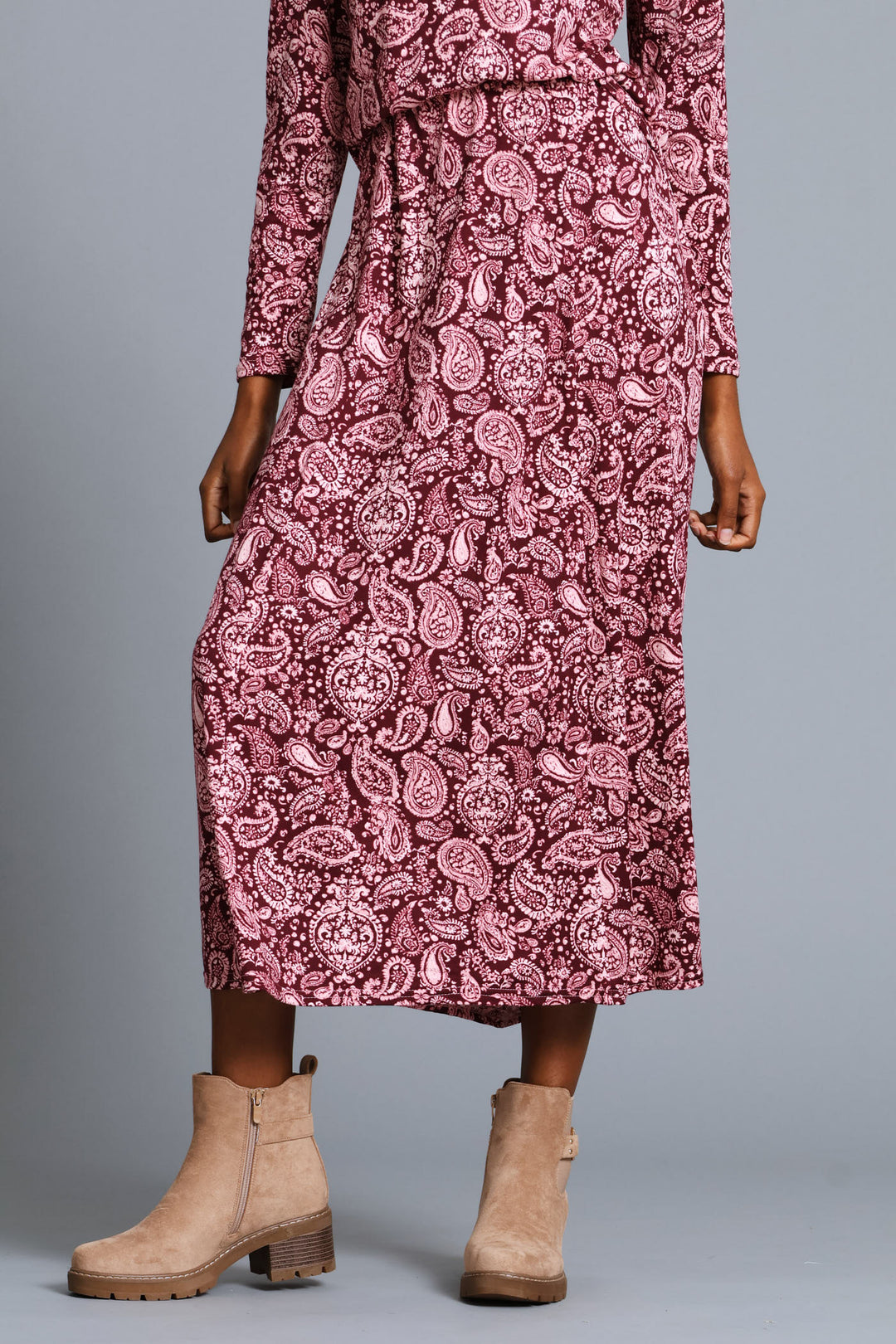 Panelled Fit & Flare Print Maxi Skirt - Plum