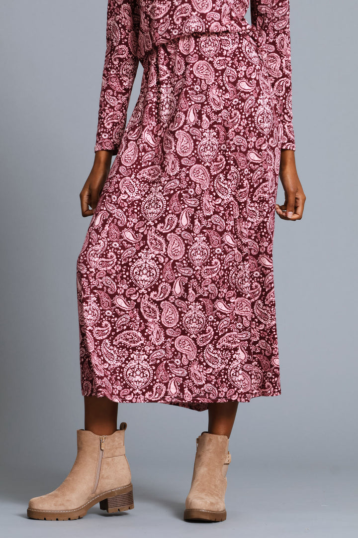 Panelled Fit & Flare Print Maxi Skirt - Plum
