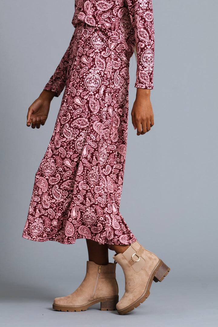 Panelled Fit & Flare Print Maxi Skirt - Plum