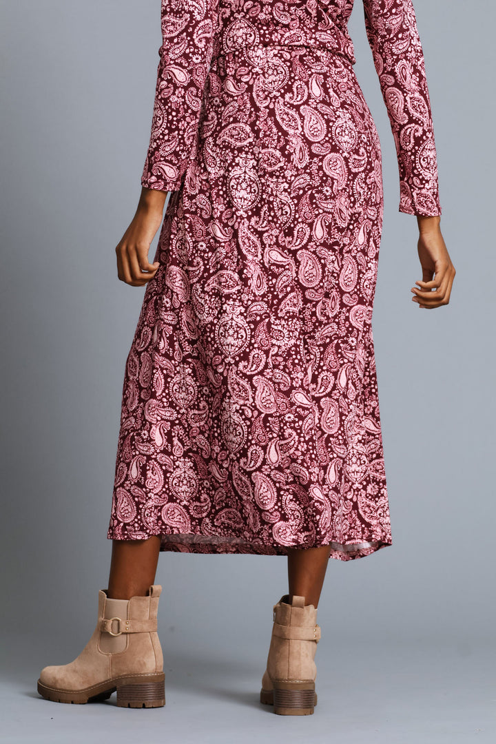 Panelled Fit & Flare Print Maxi Skirt - Plum