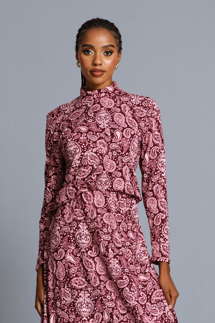 Long Sleeve Print Poloneck Top - Plum