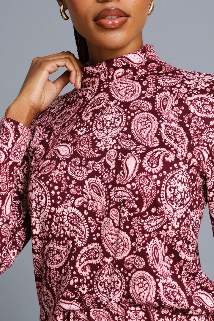 Long Sleeve Print Poloneck Top - Plum