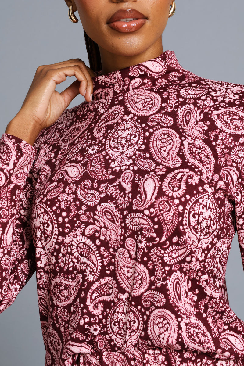 Long Sleeve Print Poloneck Top - Plum