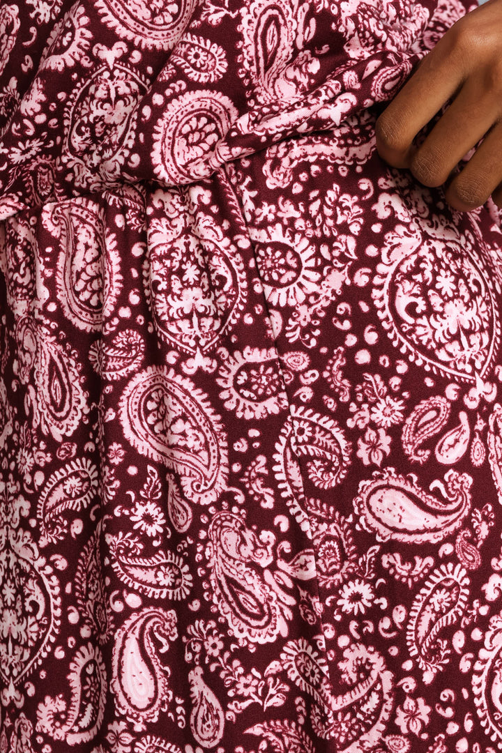 Panelled Fit & Flare Print Maxi Skirt - Plum