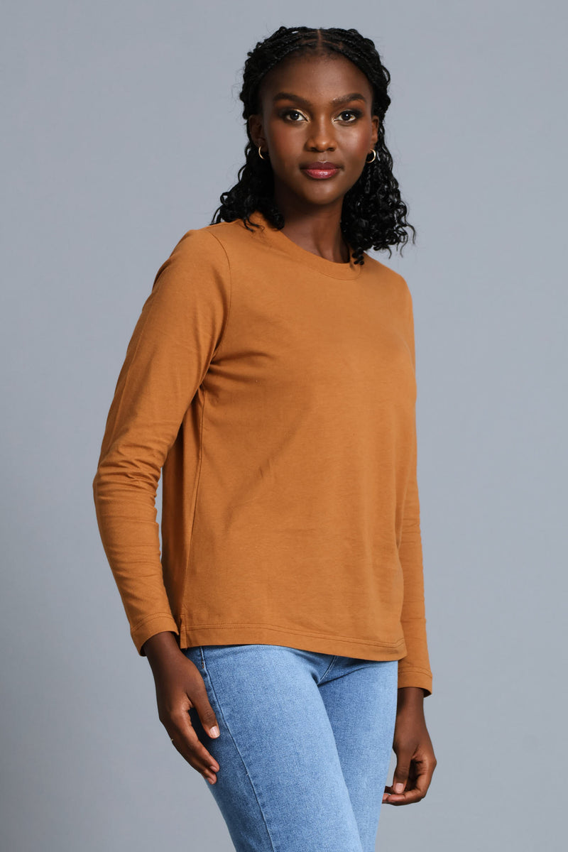 Boxy Step Hem Crew Neck Tee - Tobacco