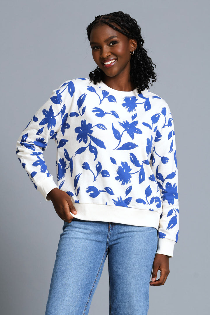 Long Sleeve Floral Pullover - Cream/Blue