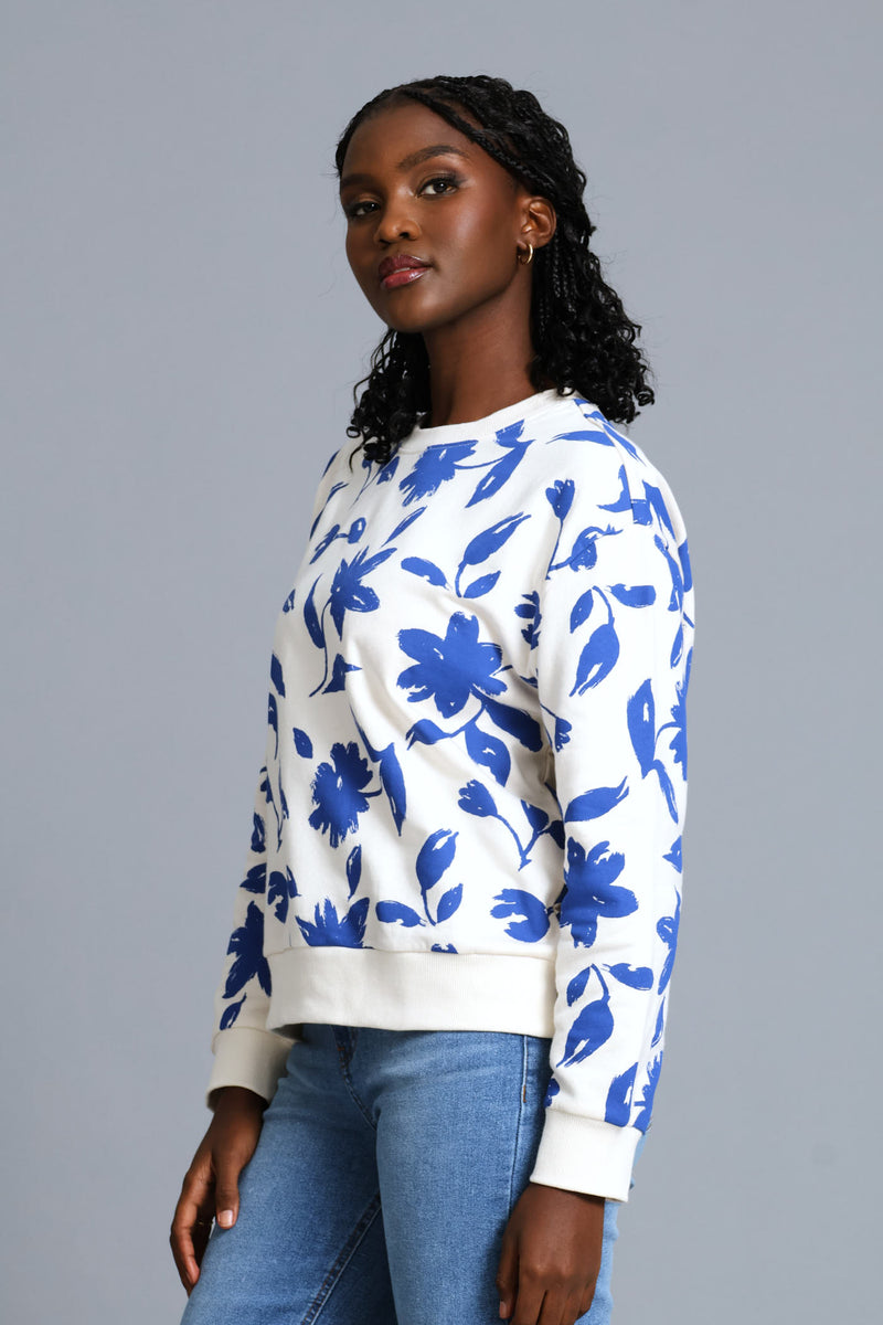 Long Sleeve Floral Pullover - Cream/Blue