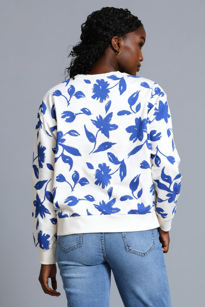 Long Sleeve Floral Pullover - Cream/Blue