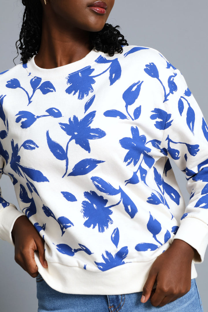 Long Sleeve Floral Pullover - Cream/Blue