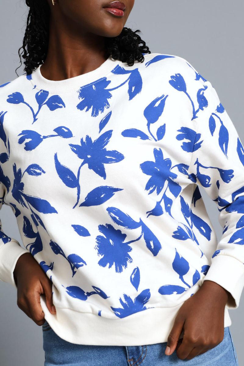 Long Sleeve Floral Pullover - Cream/Blue