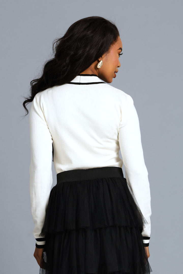 Kitty Bow Long Sleeve Pullover Tee - Cream/Black
