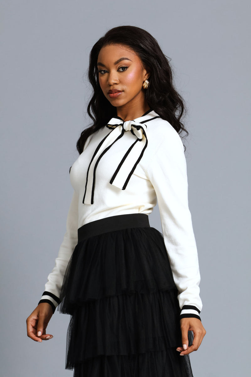 Kitty Bow Long Sleeve Pullover Tee - Cream/Black