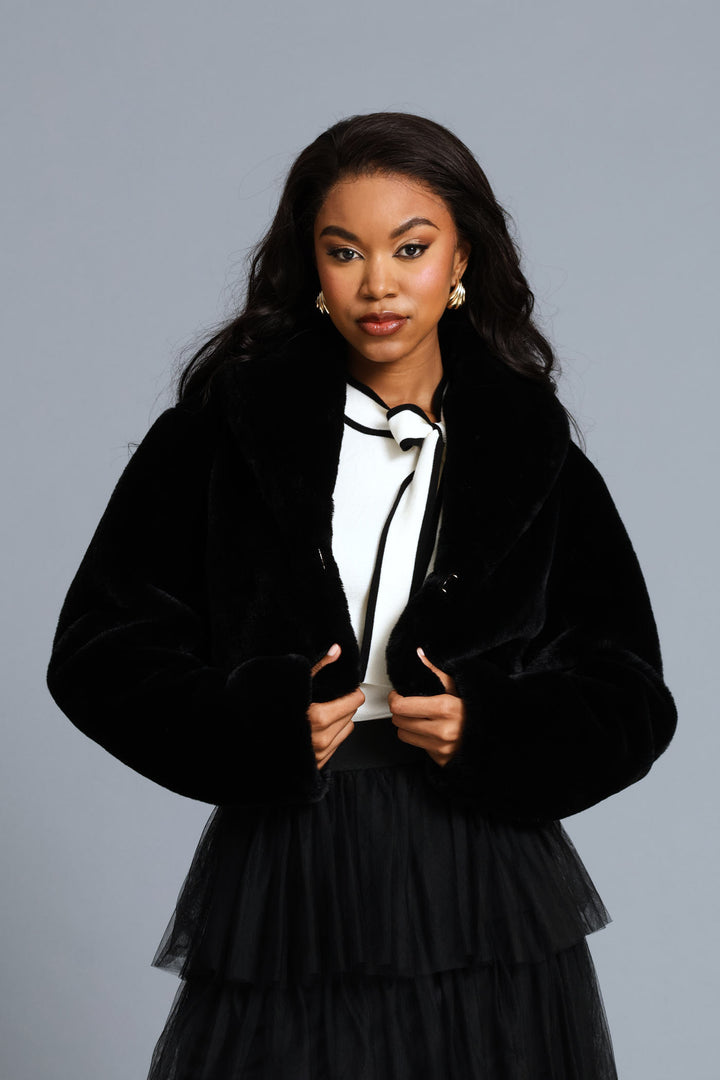 Shawl Collar Fur Coat - Black