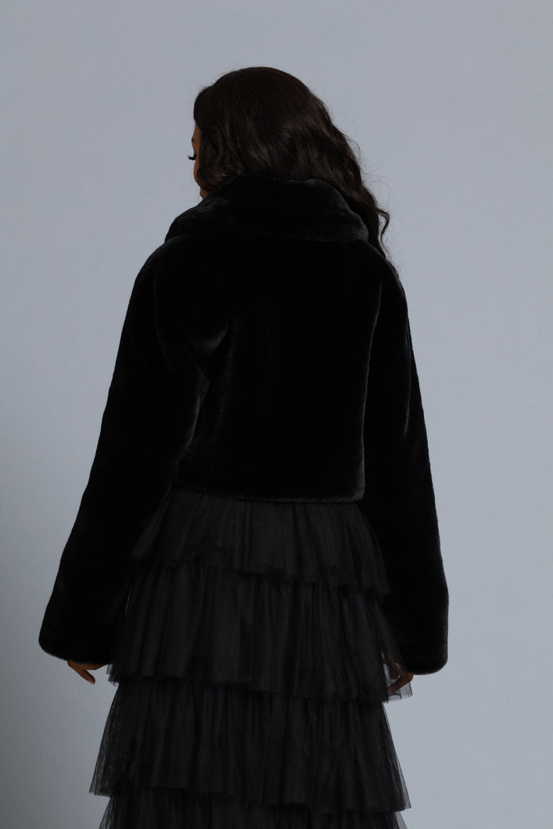 Shawl Collar Fur Coat - Black