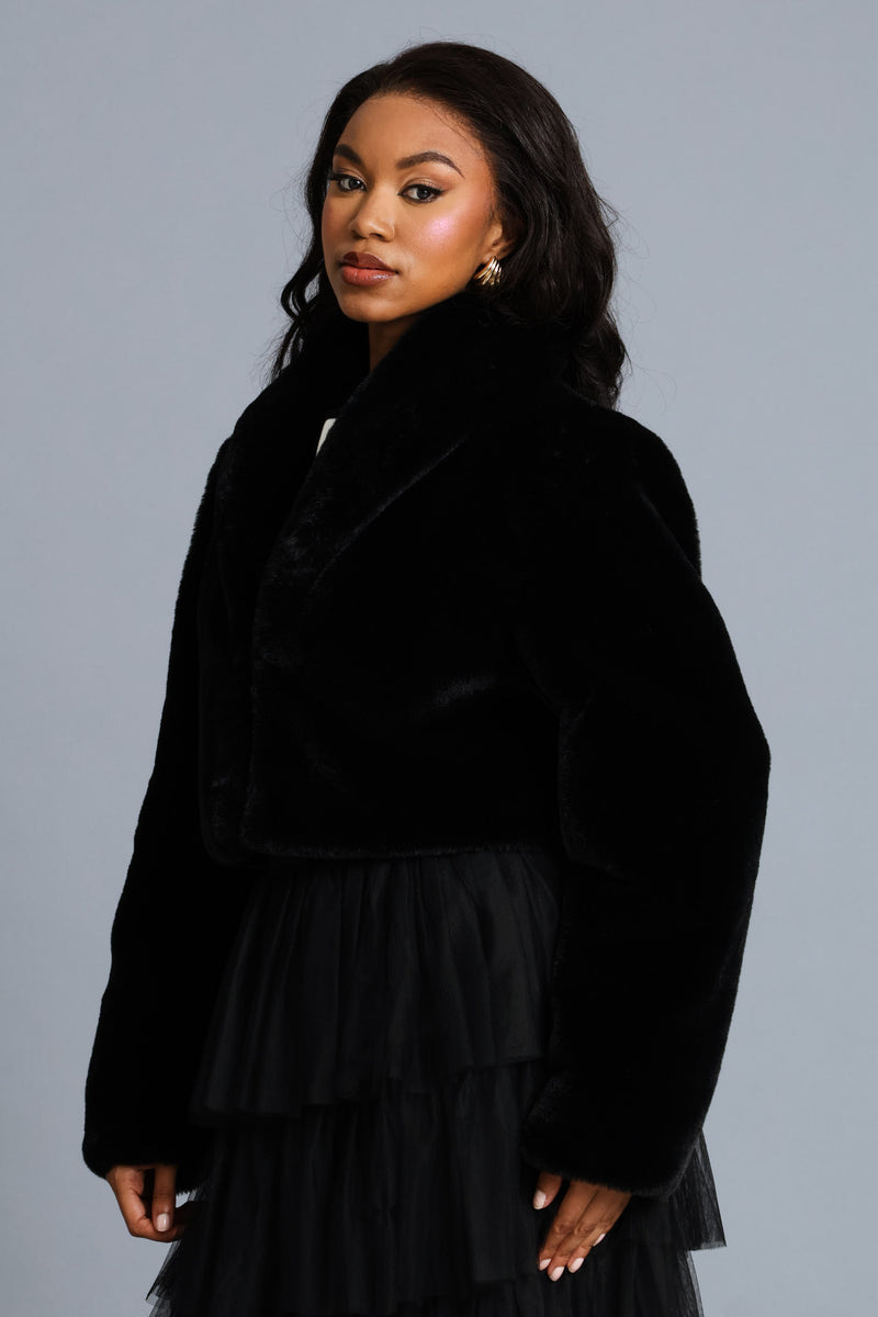 Shawl Collar Fur Coat - Black