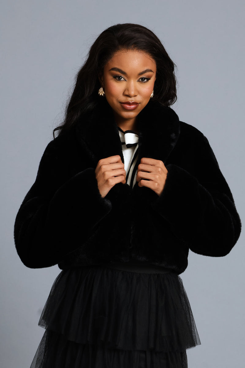 Shawl Collar Fur Coat - Black