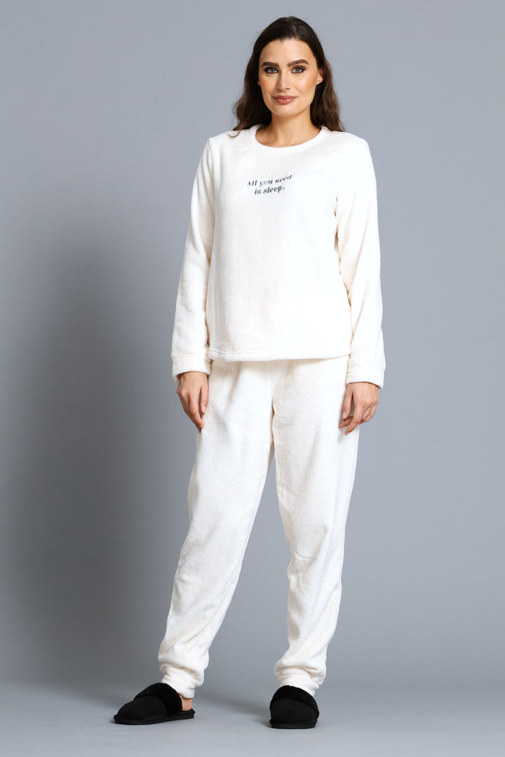 Long Sleeve Cosy Top & Jogger Embroidered Sleep Set - Cream