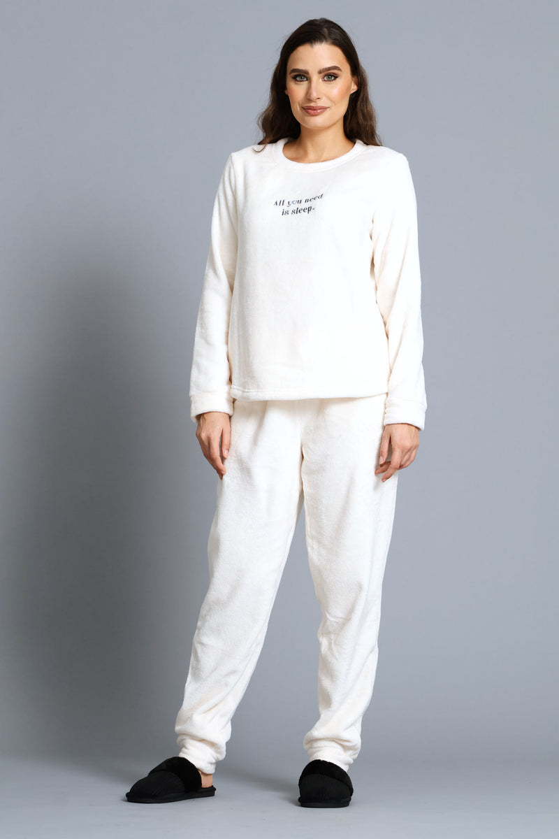 Long Sleeve Cosy Top & Jogger Embroidered Sleep Set - Cream