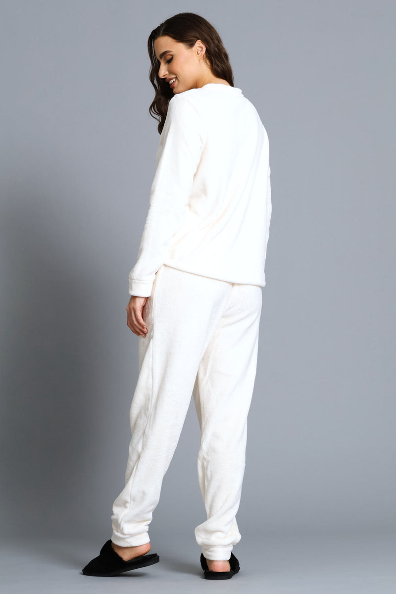 Long Sleeve Cosy Top & Jogger Embroidered Sleep Set - Cream