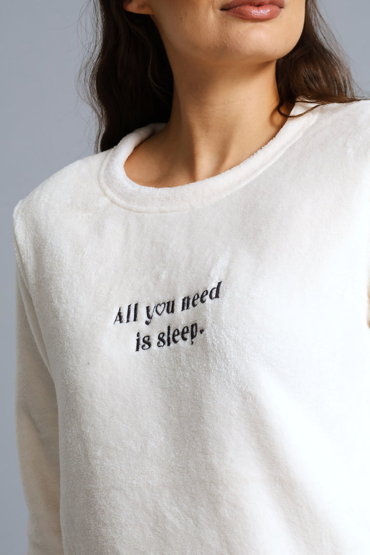 Long Sleeve Cosy Top & Jogger Embroidered Sleep Set - Cream