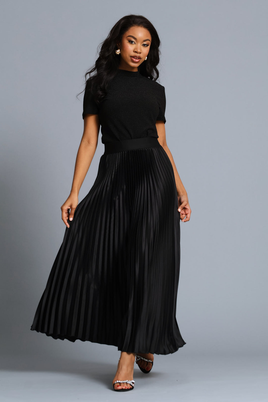 Ladies Pleated Satin Maxi Skirt - Black Edgars Ladies Pleated Satin Maxi Skirt - Black Edgars
