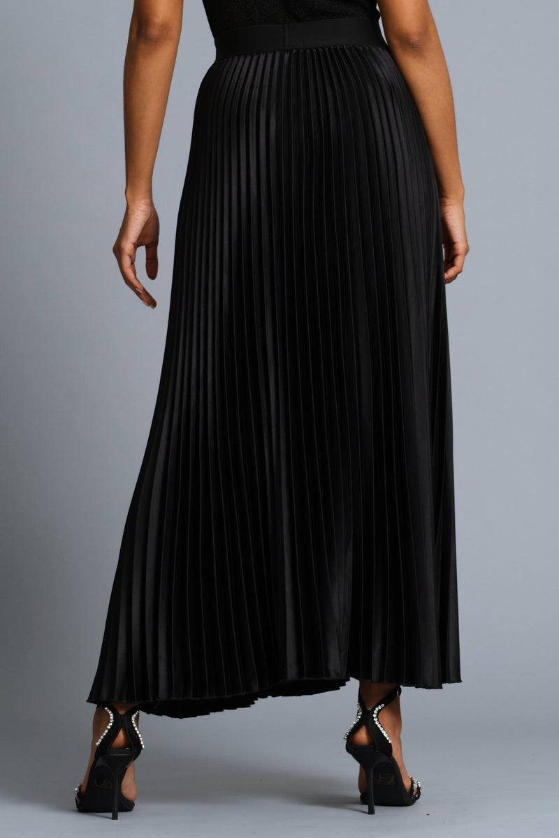 Pleated Satin Maxi Skirt - Black
