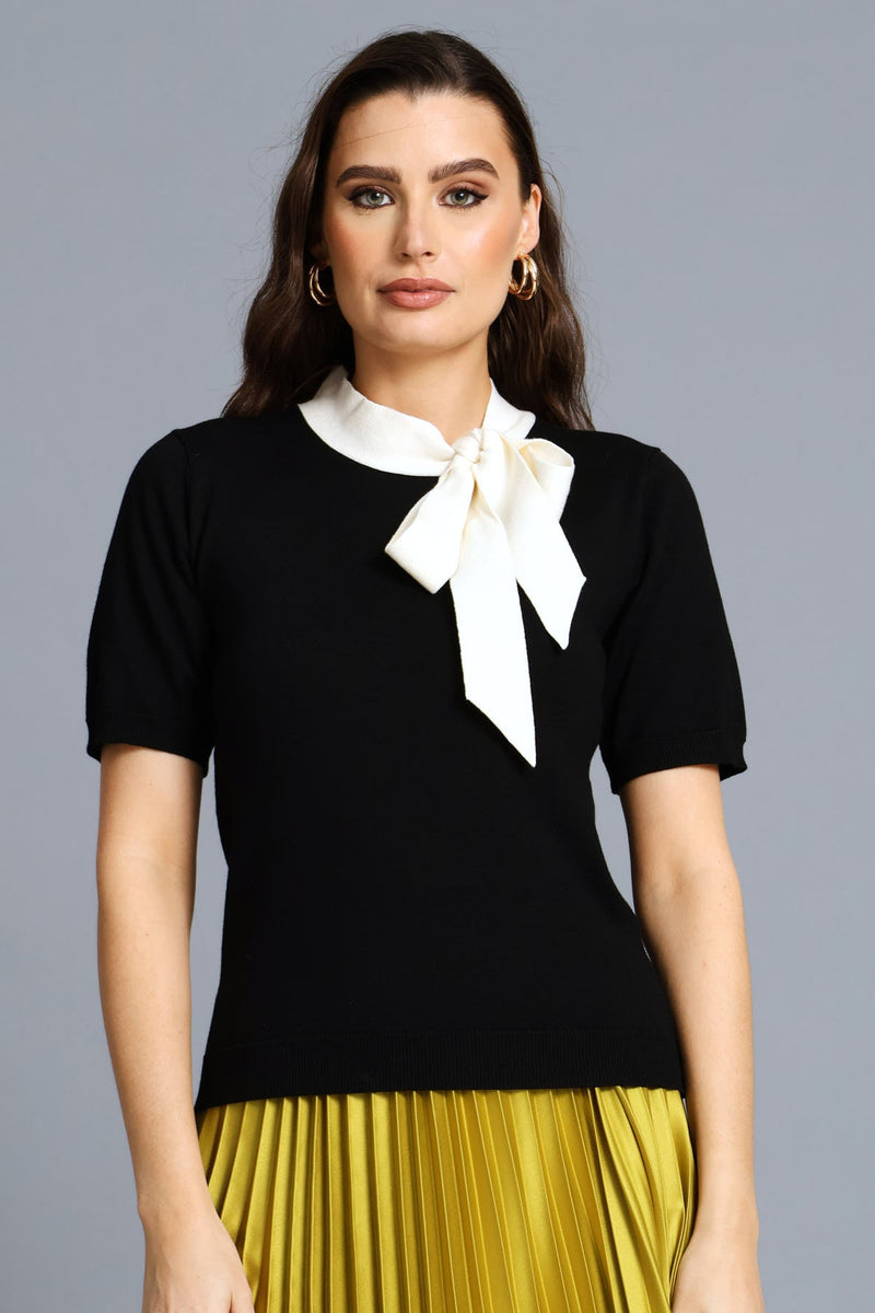 Kitty Bow Contrast Pullover - Black/Cream