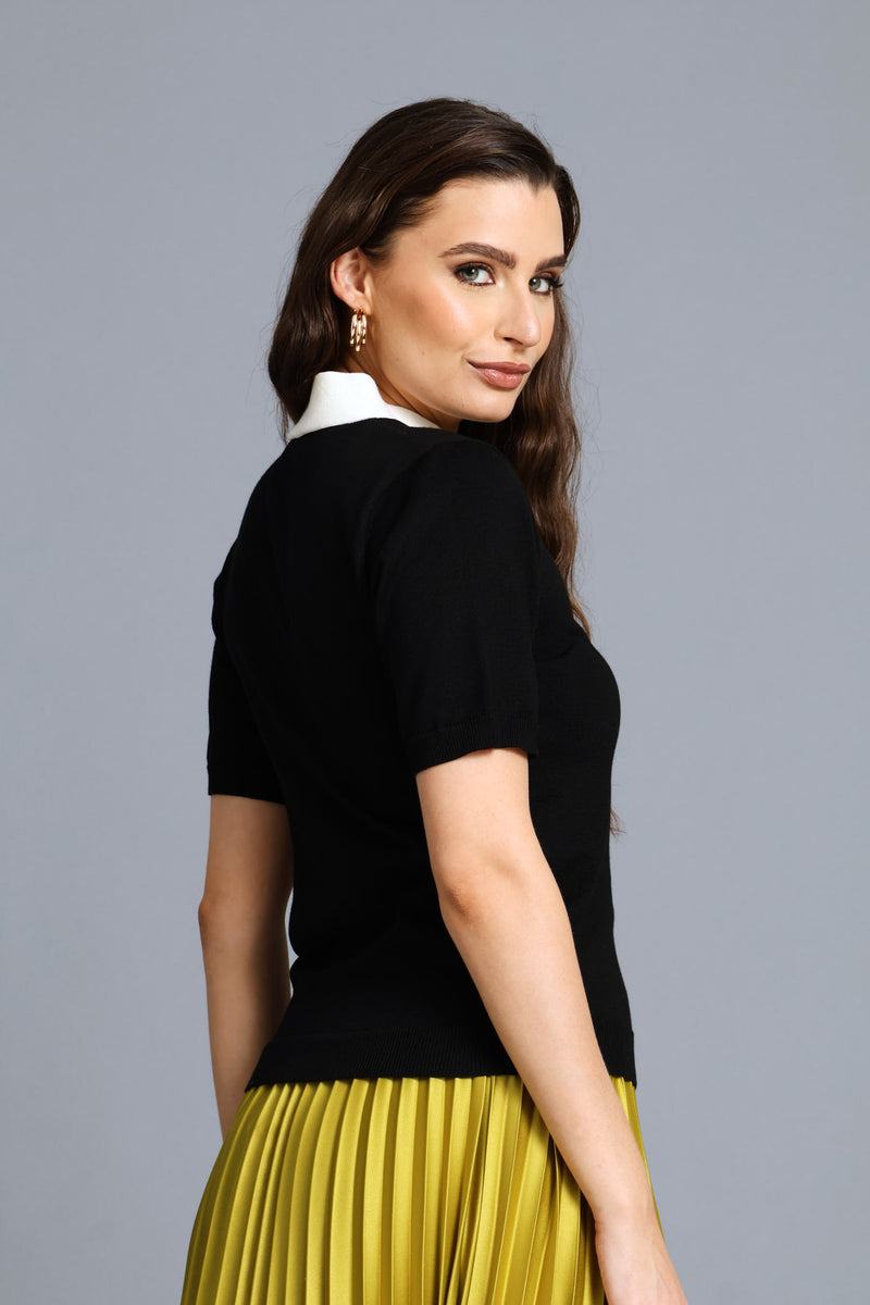 Kitty Bow Contrast Pullover - Black/Cream
