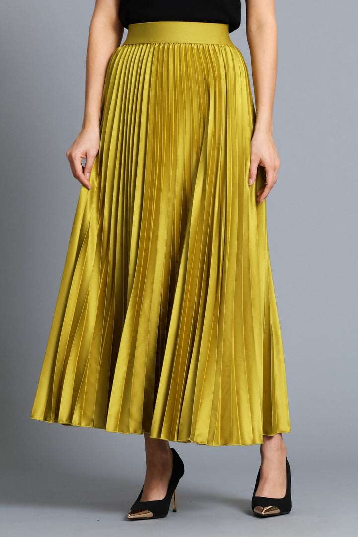 Pleated Satin Maxi Skirt - Chartreuse