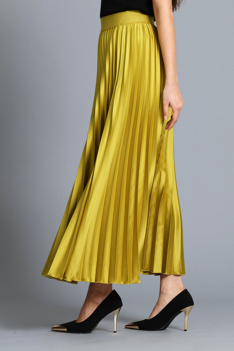 Pleated Satin Maxi Skirt - Chartreuse