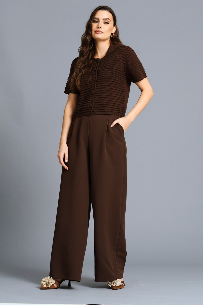 Textured Short Sleeve Cardigan - Chocolate