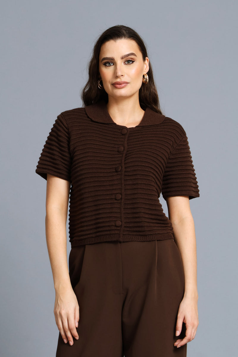 Textured Short Sleeve Cardigan - Chocolate