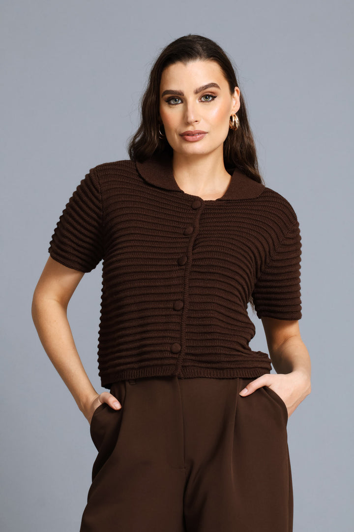 Textured Short Sleeve Cardigan - Chocolate