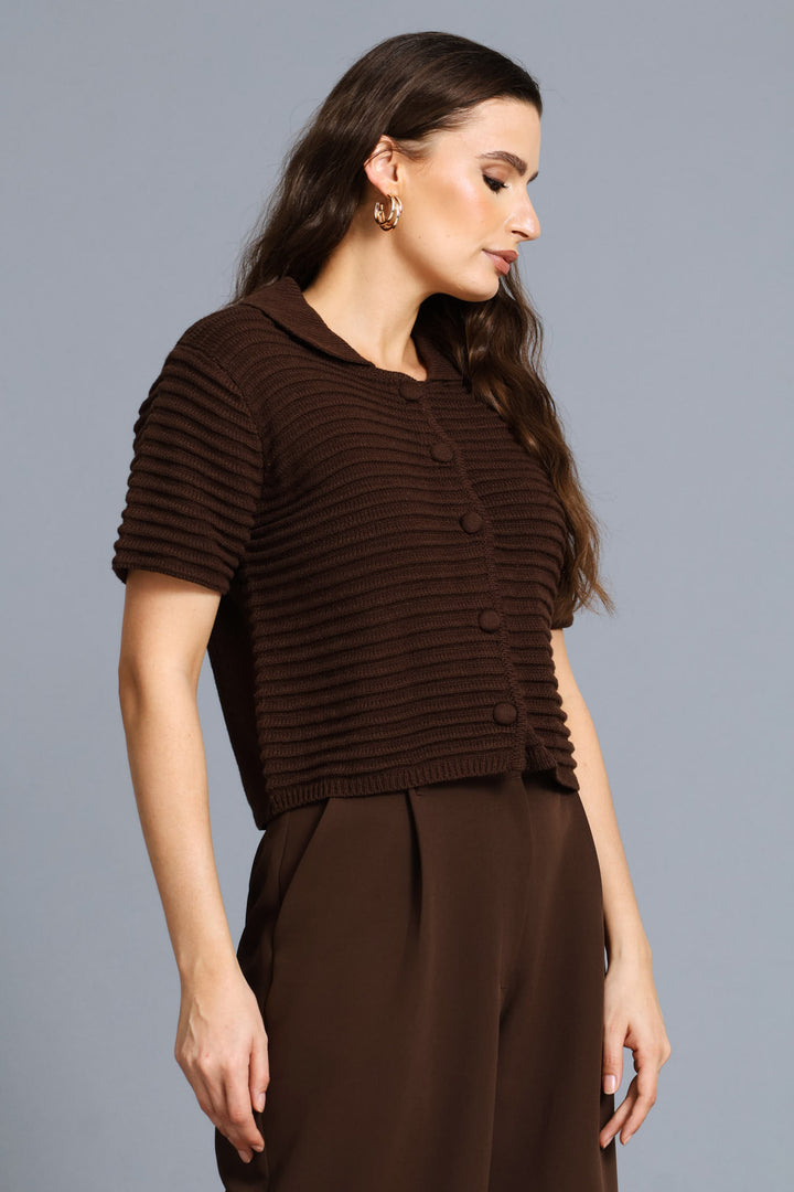 Textured Short Sleeve Cardigan - Chocolate