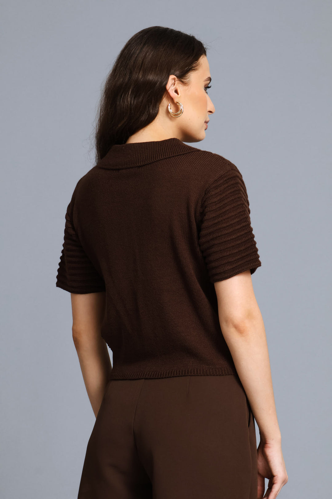 Textured Short Sleeve Cardigan - Chocolate