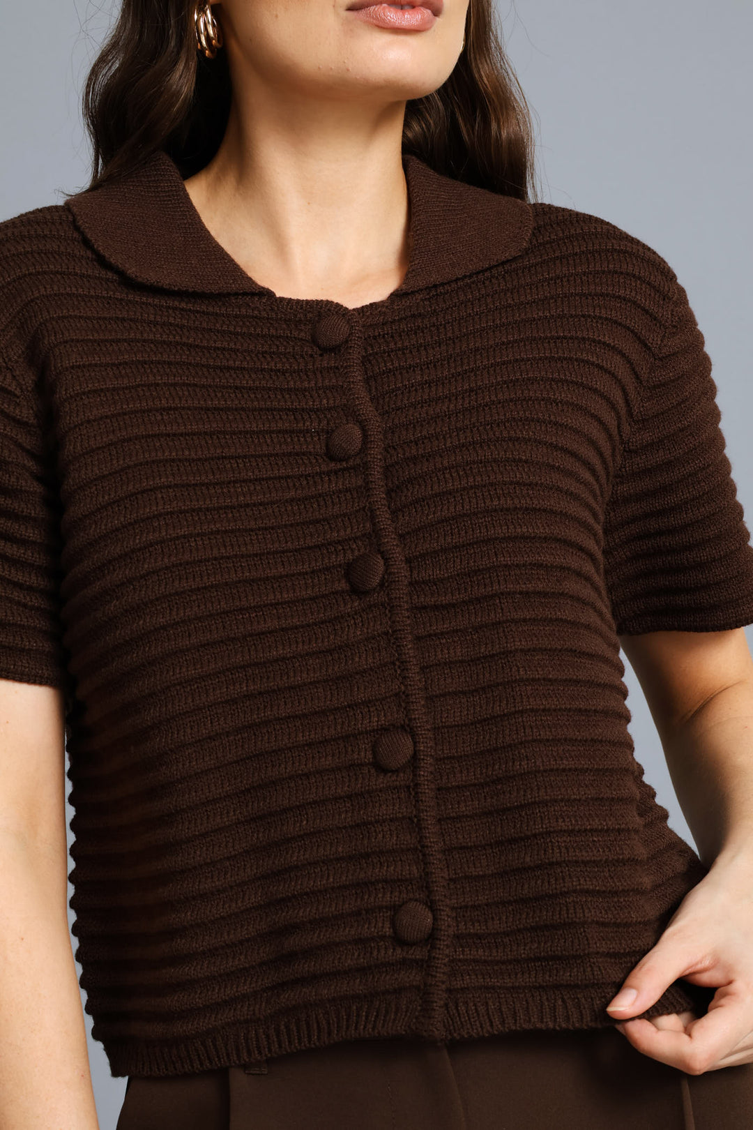 Textured Short Sleeve Cardigan - Chocolate