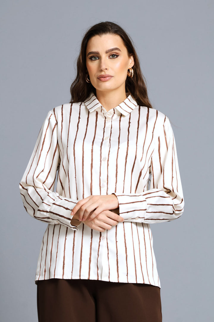 Narrow Abstract Stripe Satin Shirt - Cream