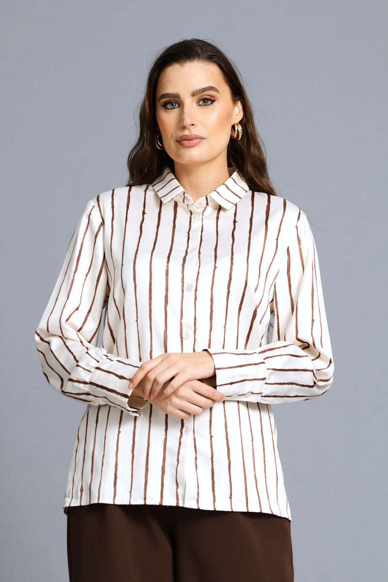 Narrow Abstract Stripe Satin Shirt - Cream