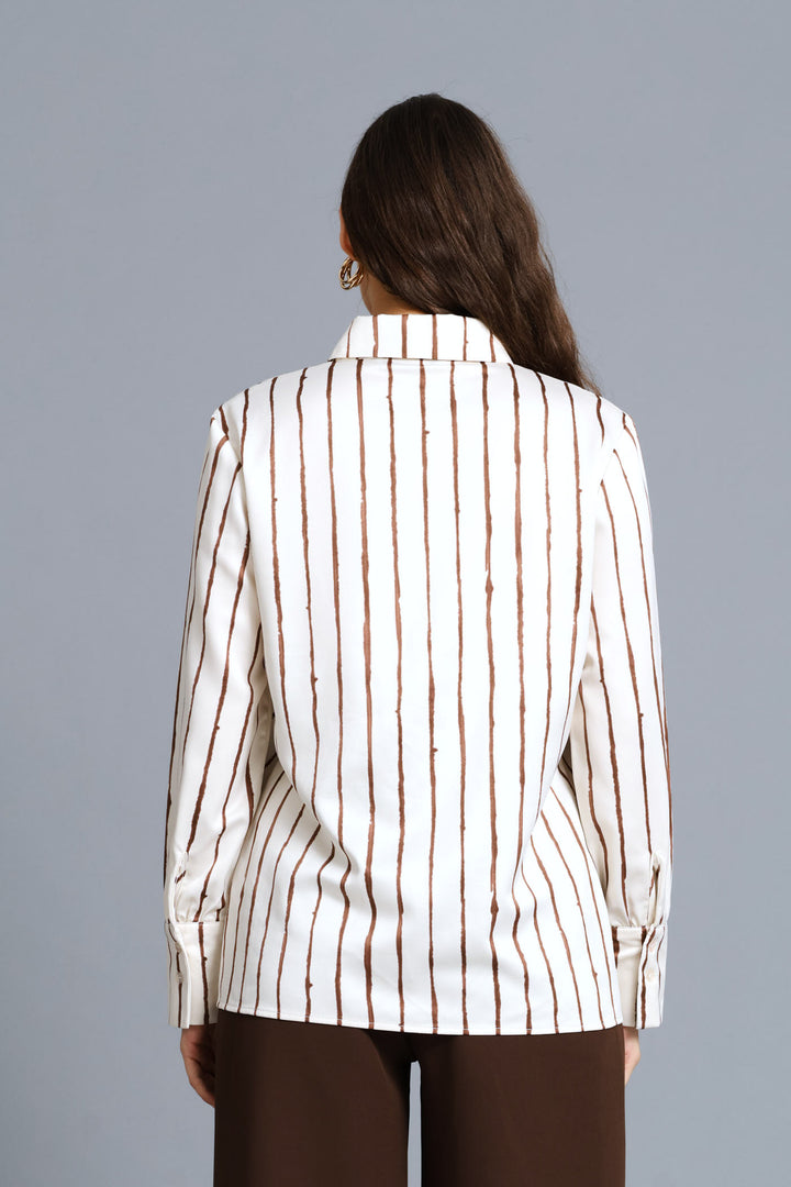 Narrow Abstract Stripe Satin Shirt - Cream