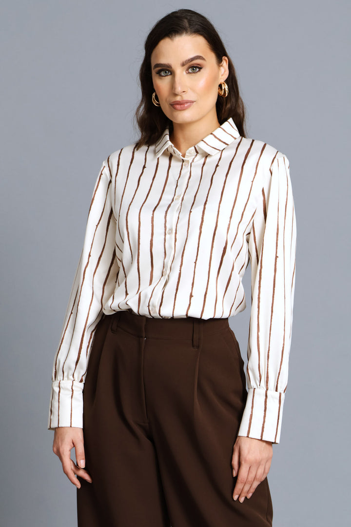 Narrow Abstract Stripe Satin Shirt - Cream