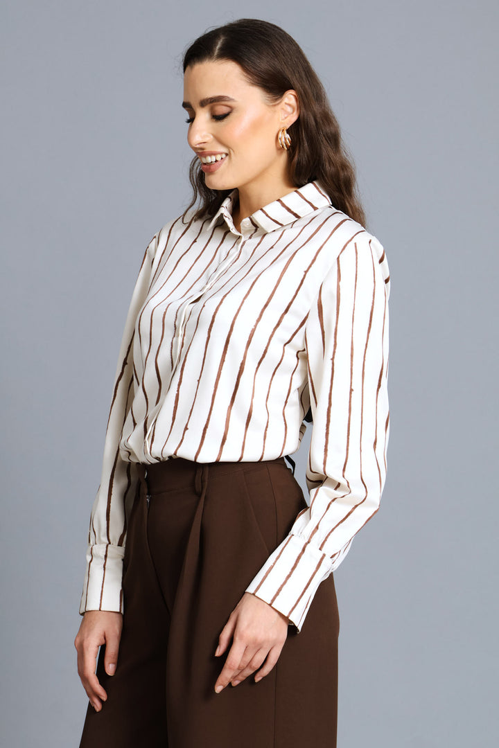 Narrow Abstract Stripe Satin Shirt - Cream