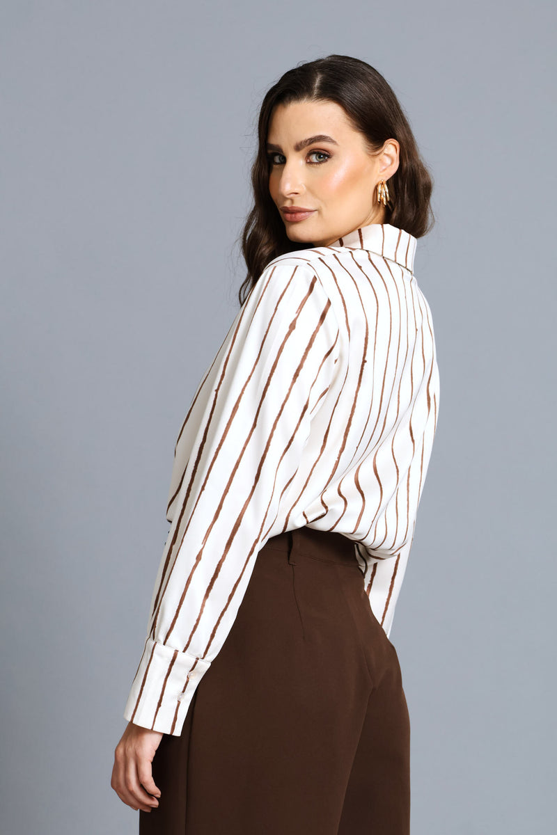 Narrow Abstract Stripe Satin Shirt - Cream