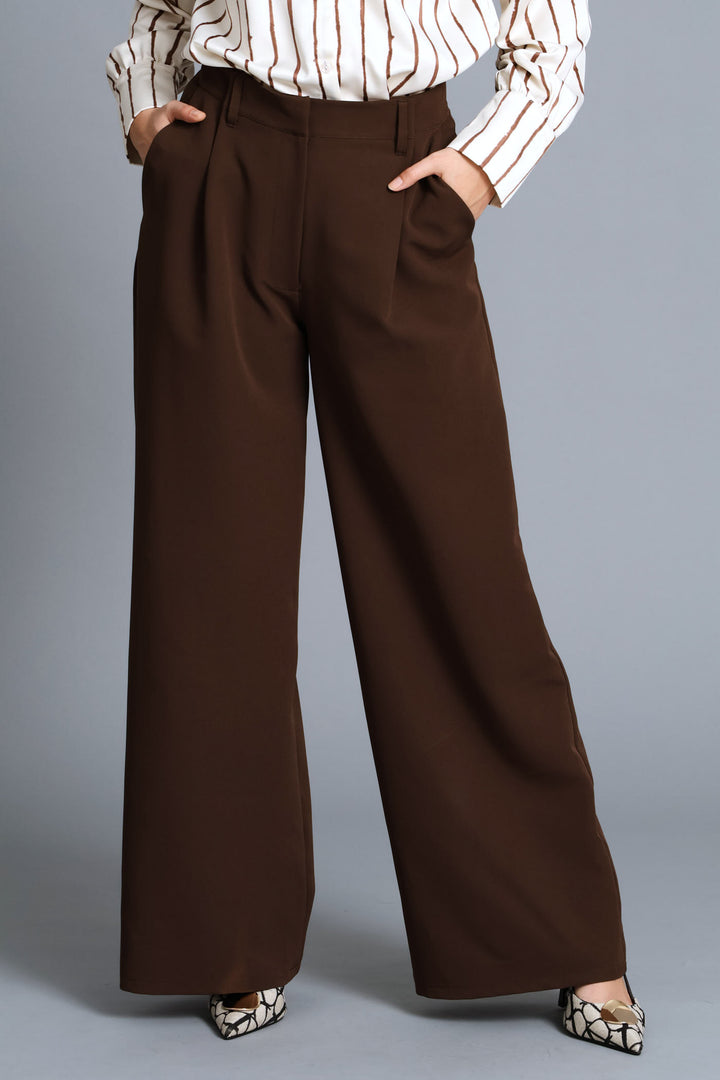 Pleat Fold Wide Leg Pant - Chocolate